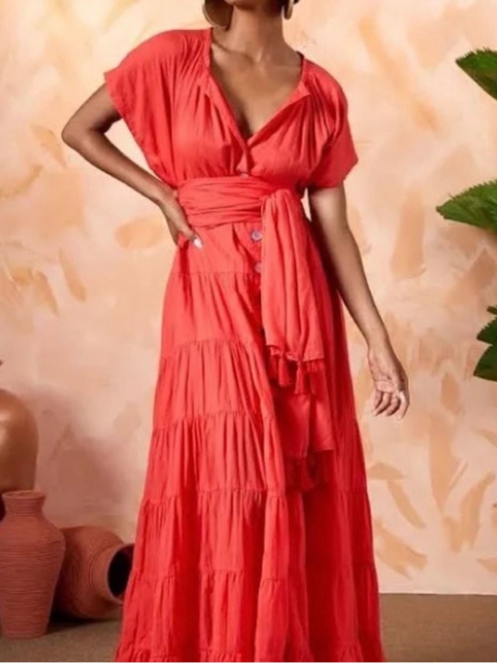 NWT [SET] Erika Pena Adella Maxi Dress OS Coral Red + Rumba Tassel Belt Cotton